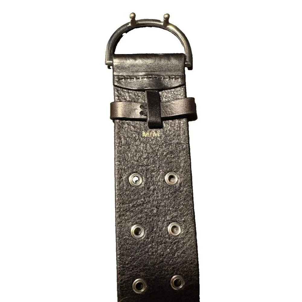 FRAME Vintage Black Leather Grommet Belt Silver D Ring Wide Eyelet Medium Y2K